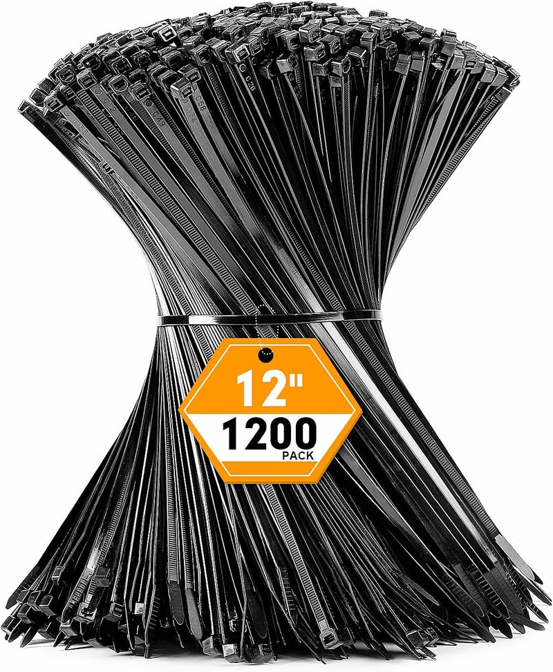 RAZCC 1200pcs Black Cable Zip Ties 12 Inch, Heavy Duty Plastic Nylon Tie Wraps with 50lb Tensile Strength for Indoor & Outdoor - Image 1